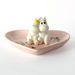 Front view of House of Disaster Moomin Love ring dish with Moomintroll and Snorkmaiden sitting together on a pink heart-shaped dish
