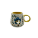 Front view of the Secret Garden 3D Bee Cup with yellow handle, floral print and gold-foil rim