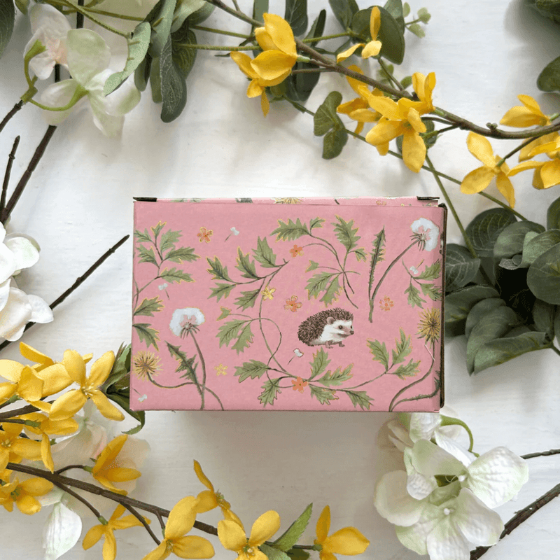 Back of the gift box featuring illustrated foliage details