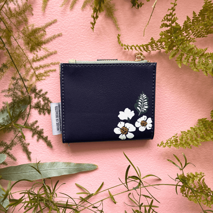 House of Disaster Secret Garden Bird Purse, back view with white floral print on pink background