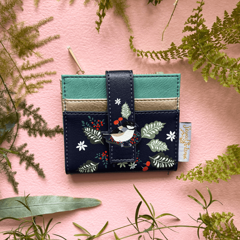 House of Disaster Secret Garden Bird Purse card holder, front view on pink background