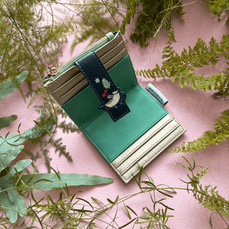 House of Disaster Secret Garden Bird Purse open, showing teal interior and card slots