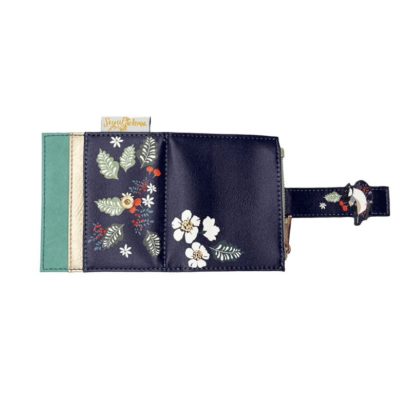 House of Disaster Secret Garden Bird Purse open, showing floral panel and strap detail on white background