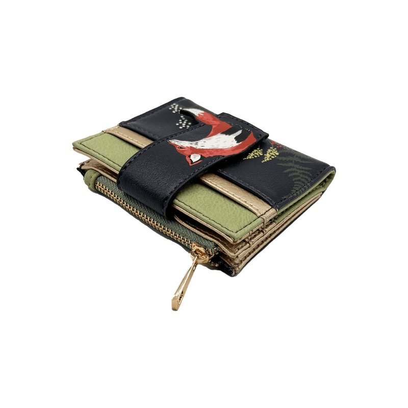 House of Disaster Secret Garden Fox Foldover Cardholder, angled view showing foldover strap and zip section