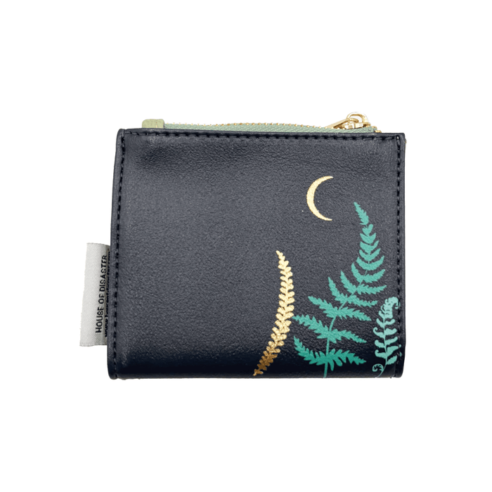 House of Disaster Secret Garden Fox Foldover Cardholder, back view with moon and fern print on white background