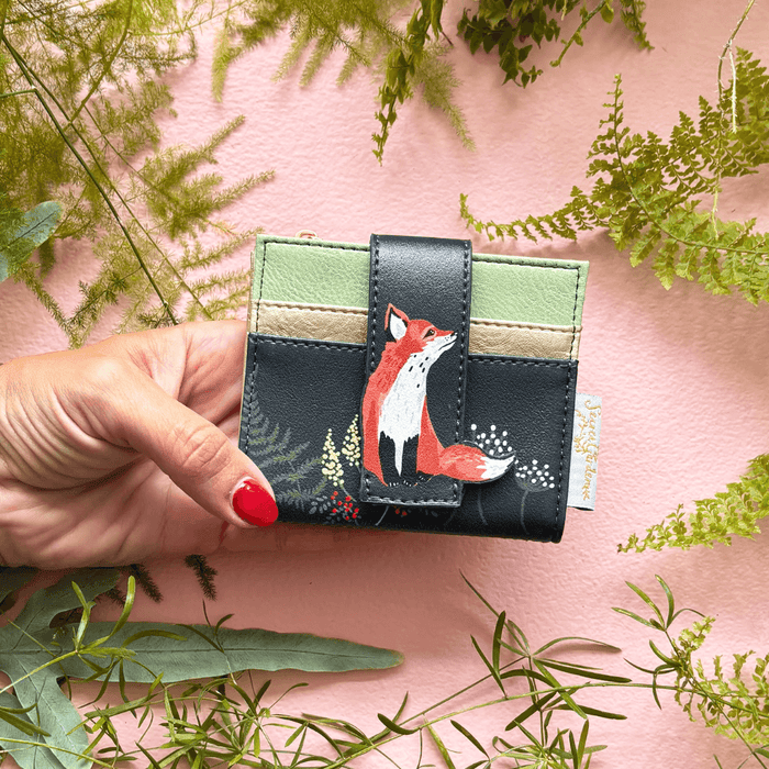 House of Disaster Secret Garden Fox Foldover Cardholder held in hand, showing fox design