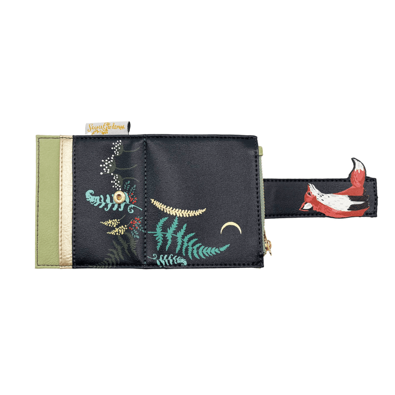 House of Disaster Secret Garden Fox Foldover Cardholder open, showing forest print and strap detail on white background