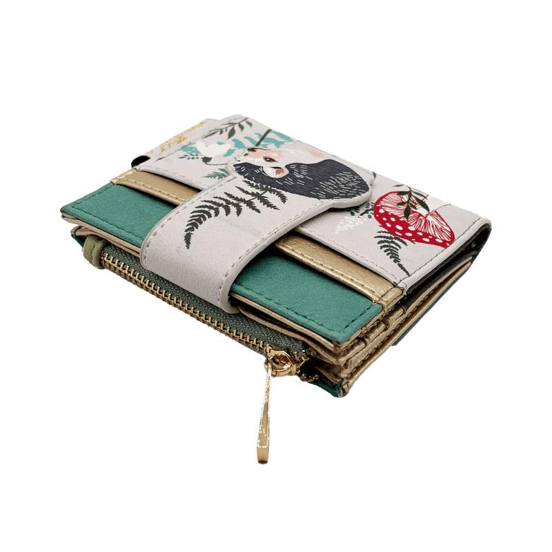 House of Disaster Secret Garden Hedgehog Purse, angled view showing strap and zip section