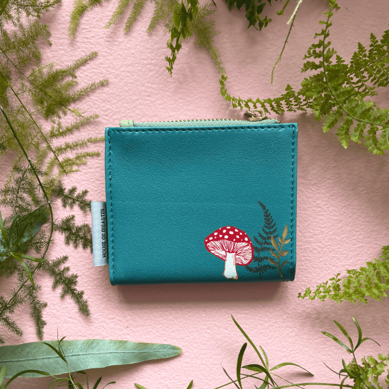 House of Disaster Secret Garden Hedgehog Purse, back view with mushroom print on pink background