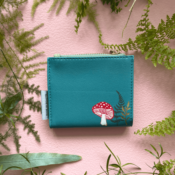 House of Disaster Secret Garden Hedgehog Purse, back view with mushroom print on pink background