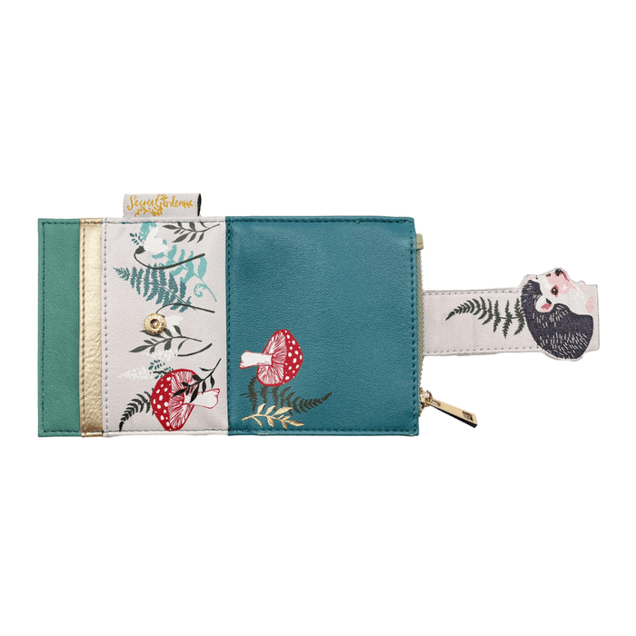 House of Disaster Secret Garden Hedgehog Purse open, showing teal panel and exterior print on white background