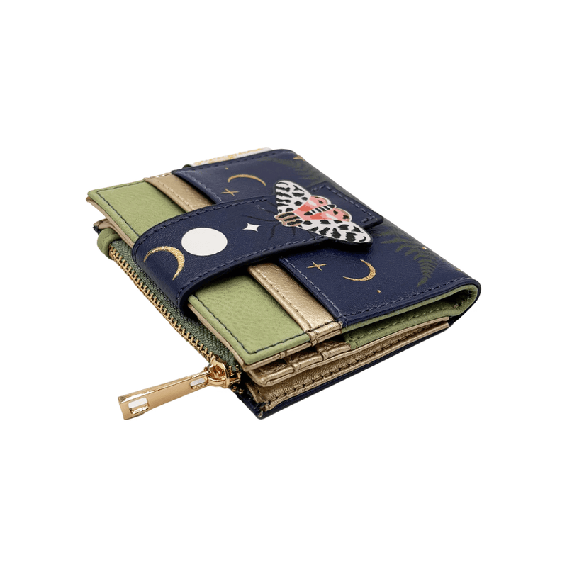 House of Disaster Secret Garden Moth Purse, angled view showing strap and zip section on white background