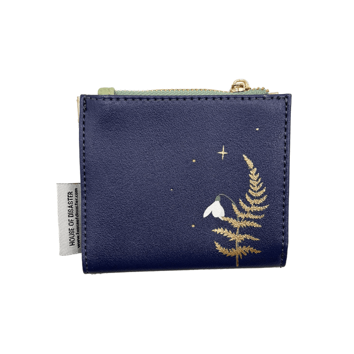 House of Disaster Secret Garden Moth Purse, back view with gold fern and snowdrop print on white background