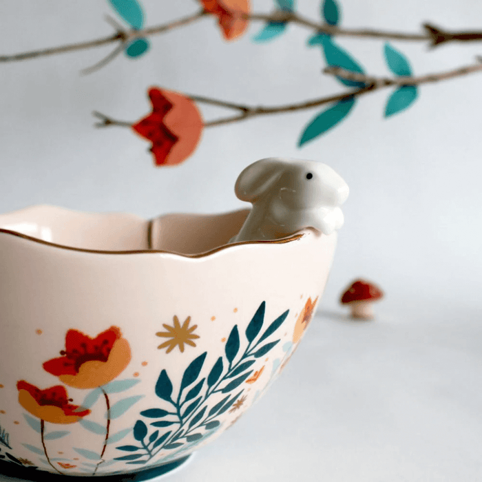 Close-up of the 3D ceramic rabbit climbing out of the Secret Garden bowl