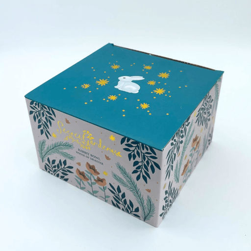 Gift box packaging for the Secret Garden Rabbit Bowl with gold details on the box