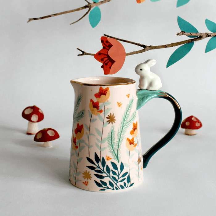 Lifestyle photo of the Secret Garden Rabbit Jug showing the rabbit on the handle and floral pattern