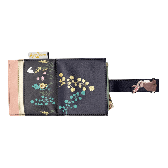 House of Disaster Secret Garden Rabbit Purse open, showing floral print on white background