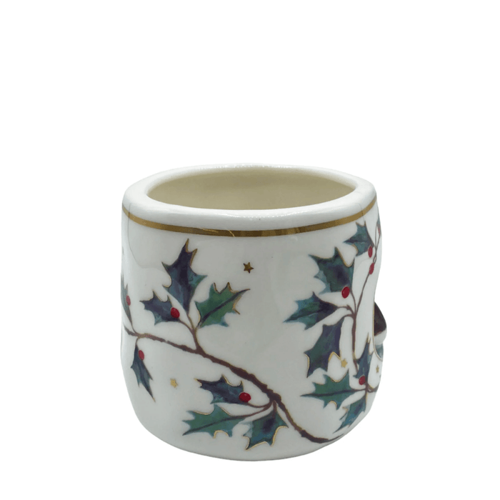 Back view of the cup showing the holly leaves and red berry illustration