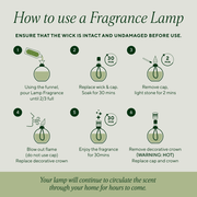 Illustrated six-step guide showing how to use a fragrance lamp safely