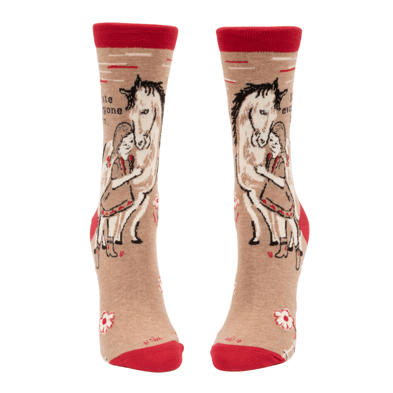 Front view of novelty crew socks featuring a horse hug design and sarcastic text.