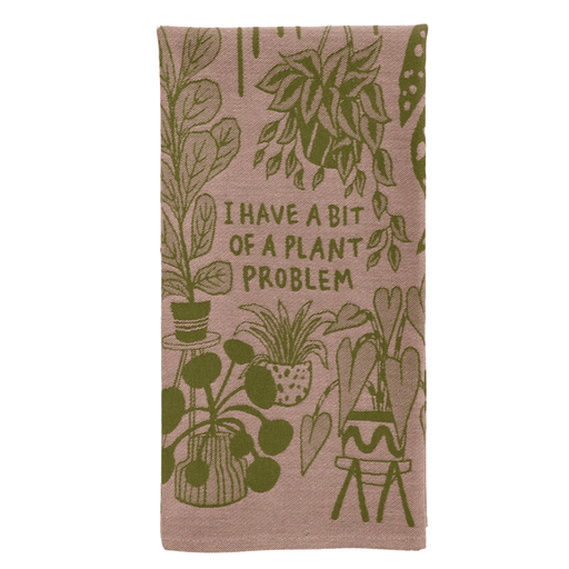 Folded I Have A Bit Of A Plant Problem tea towel, green plant illustrations and slogan.
