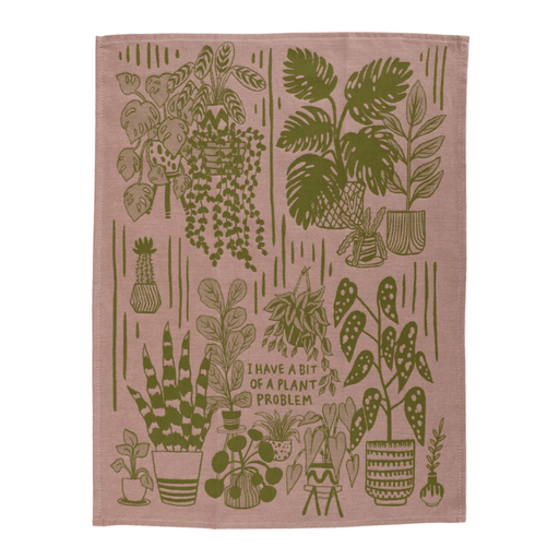 Full I Have A Bit Of A Plant Problem tea towel, woven green houseplant pattern on cotton.
