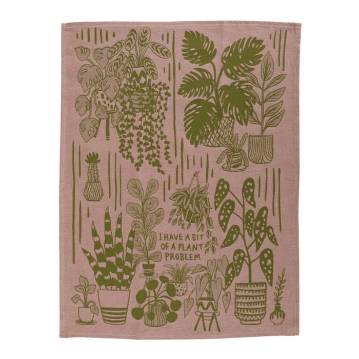 Full I Have A Bit Of A Plant Problem tea towel, woven green houseplant pattern on cotton.