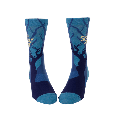 Front view of I Like Spooky Shit men’s socks, spooky tree artwork and slogan.