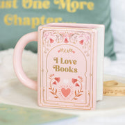 Pink I Love Books book shaped mug for readers and book lovers