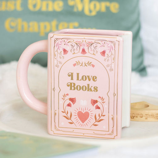 Pink I Love Books book shaped mug for readers and book lovers