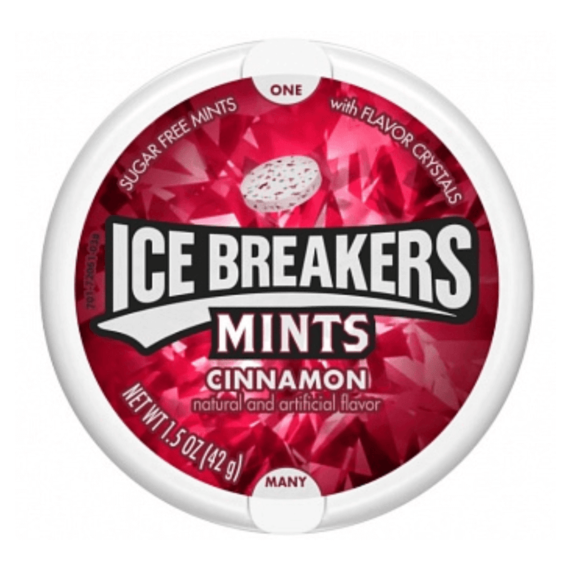 Ice Breakers Cinnamon sugar-free mints, front label on pack.
