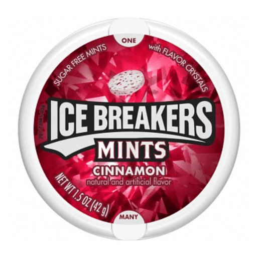 Ice Breakers Cinnamon sugar-free mints, front label on pack.