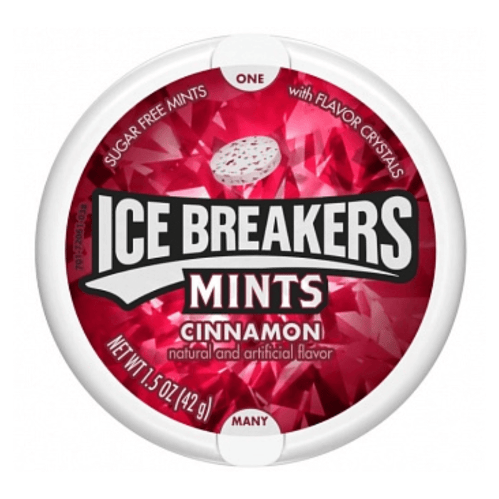 Ice Breakers Cinnamon sugar-free mints, front label on pack.