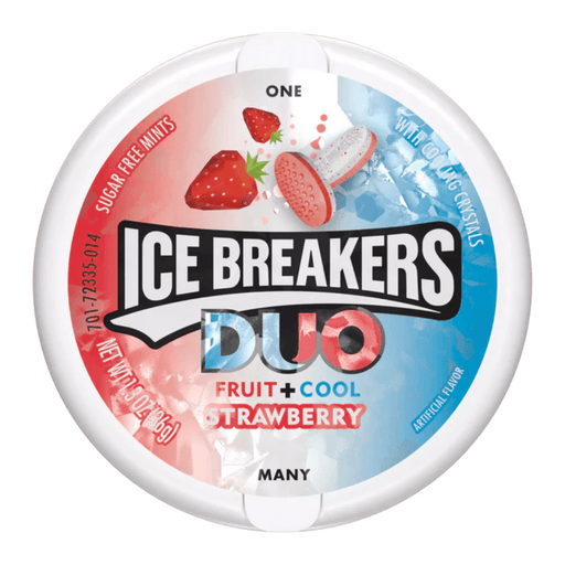 Ice Breakers DUO Fruit + Cool Strawberry sugar-free mints, front label on pack.