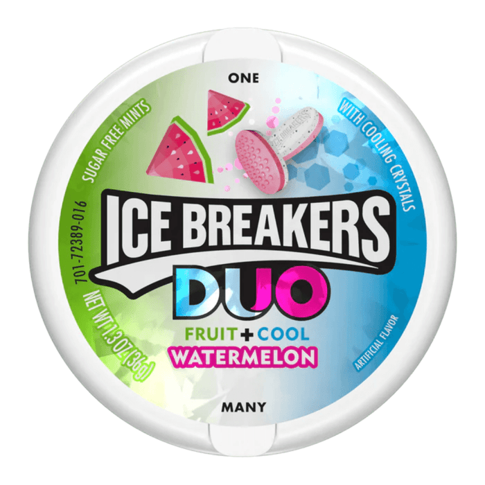 Ice Breakers DUO Fruit + Cool Watermelon sugar-free mints, front label on pack.