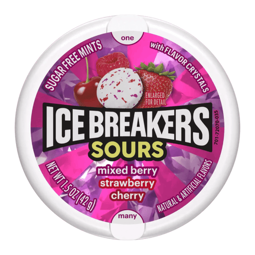 Ice Breakers Sours sugar-free mints, mixed berry strawberry cherry flavour, front label on pack.