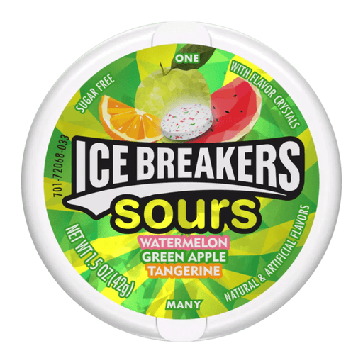 Ice Breakers Sours sugar-free mints, watermelon green apple tangerine flavour, front label on pack.