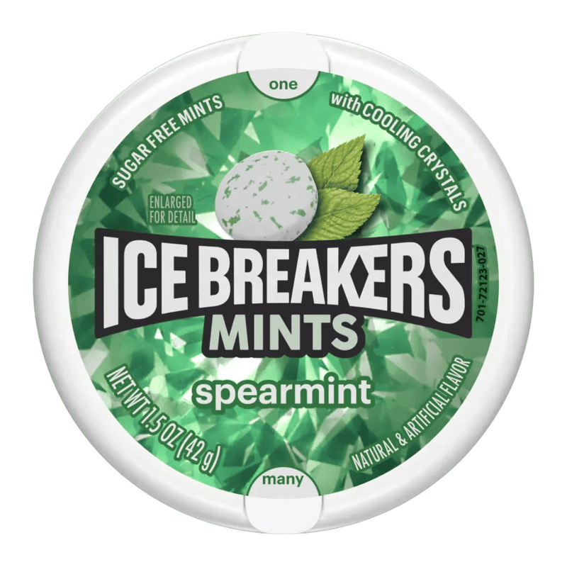 Ice Breakers Spearmint sugar-free mints with cooling crystals, front label on pack.