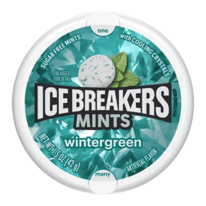 Ice Breakers Wintergreen sugar-free mints with cooling crystals, front label on pack.