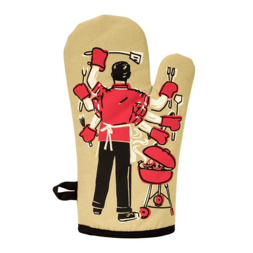 Back view of oven mitt showing BBQ illustration with grill and red accents.