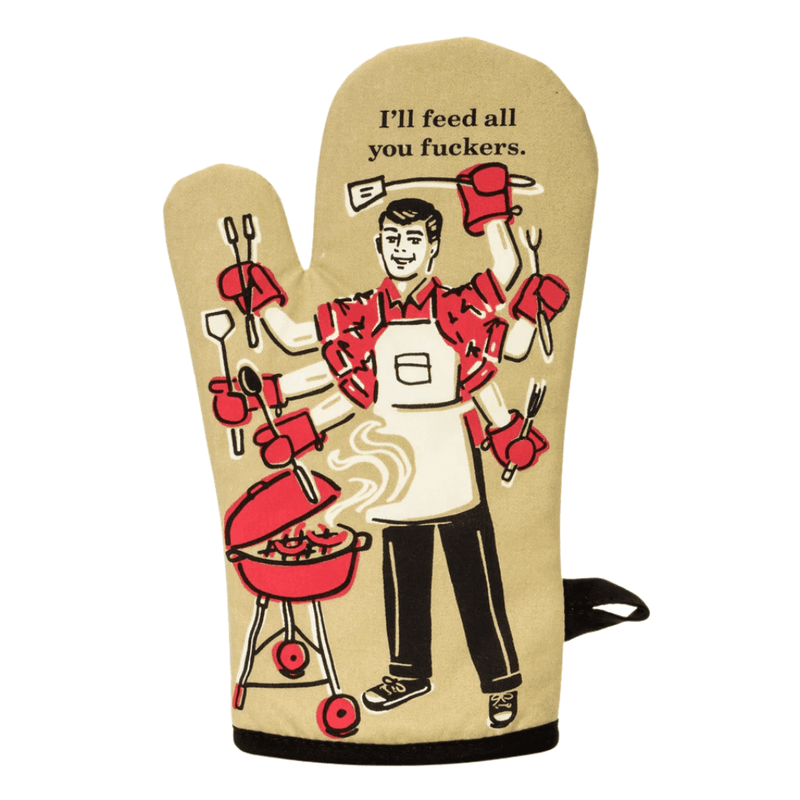 Front of Blue Q I’ll Feed All You Fuckers oven mitt with BBQ illustration