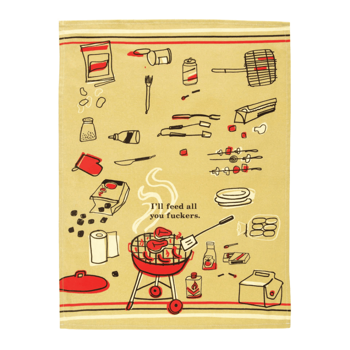 Full view of rude BBQ tea towel with I’ll feed all you fuckers text and grill illustration.
