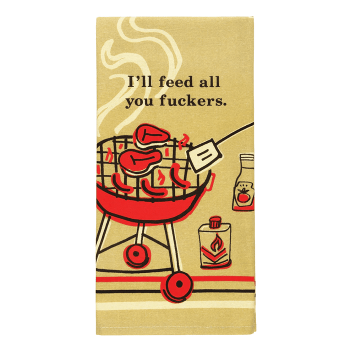 Close-up of BBQ tea towel showing I’ll feed all you fuckers slogan and red grill artwork.