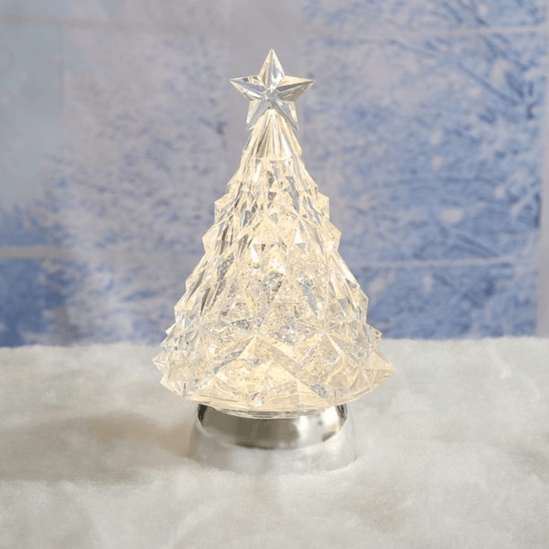 Illuminated clear Christmas tree water spinner with white LEDs and glitter