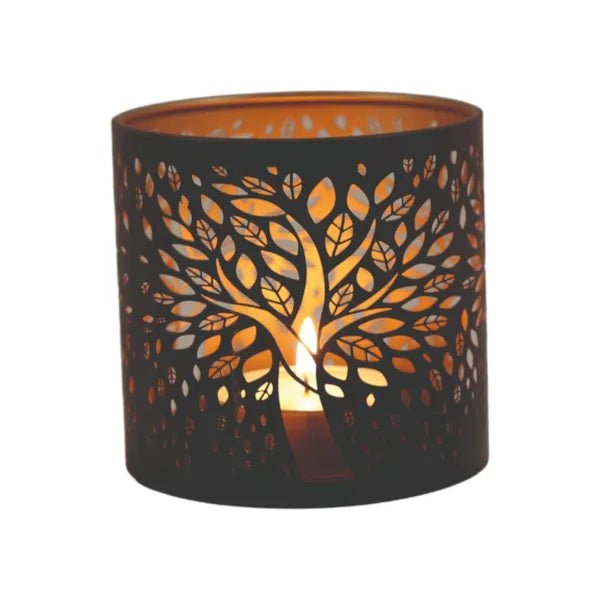 Decorative tree-shaped wax melt burner with golden candlelight

