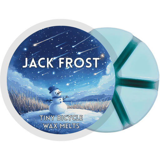 Icy blue Jack Frost wax melt with snowy landscape, cheerful snowman, and starry winter sky.