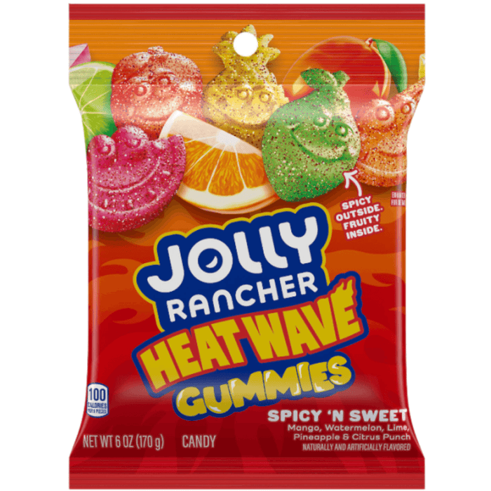 Jolly Rancher Heat Wave Gummies bag with spicy and sweet American fruit gummies