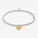 Joma A Little To My Bestie On Your Birthday Bracelet laid flat, silver-plated beaded stretch Bracelet with gold charm.