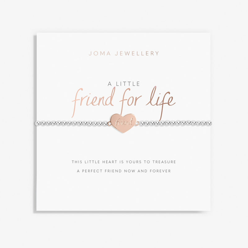 Joma A Little Friend For Life Bracelet on sentiment card, silver-plated beaded stretch Bracelet with rose gold heart charm engraved friend.