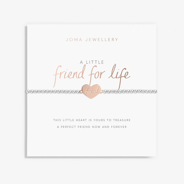 Joma A Little Friend For Life Bracelet on sentiment card, silver-plated beaded stretch Bracelet with rose gold heart charm engraved friend.